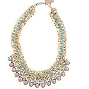 NWTCookie Lee Goldtone Genuine Crystal Link Chain Faux Pearl Bib Collar Necklace